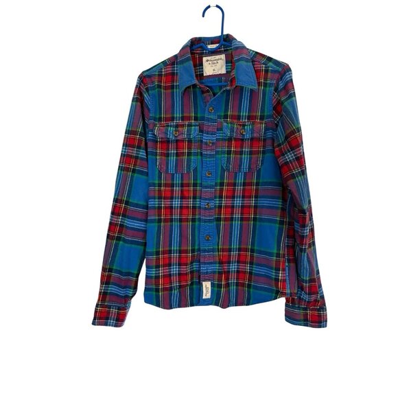 Abercrombie Fitch Shirt Mens XL Blue Red Plaid Muscle Fit Flannel Heavy Y2K Gorp - Picture 11 of 11